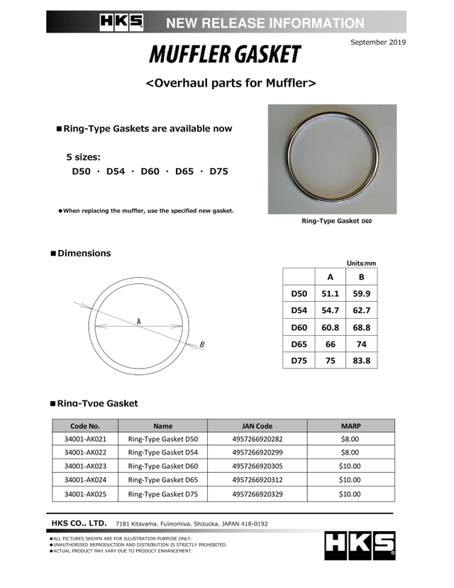 HKS Muffler Gasket 51.1mm ID 59.9mm OD.