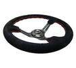 NRG Reinforced Steering Wheel (350mm / 3in. Deep) Blk Suede w/Red Stitching & 5mm Spokes w/Slits.